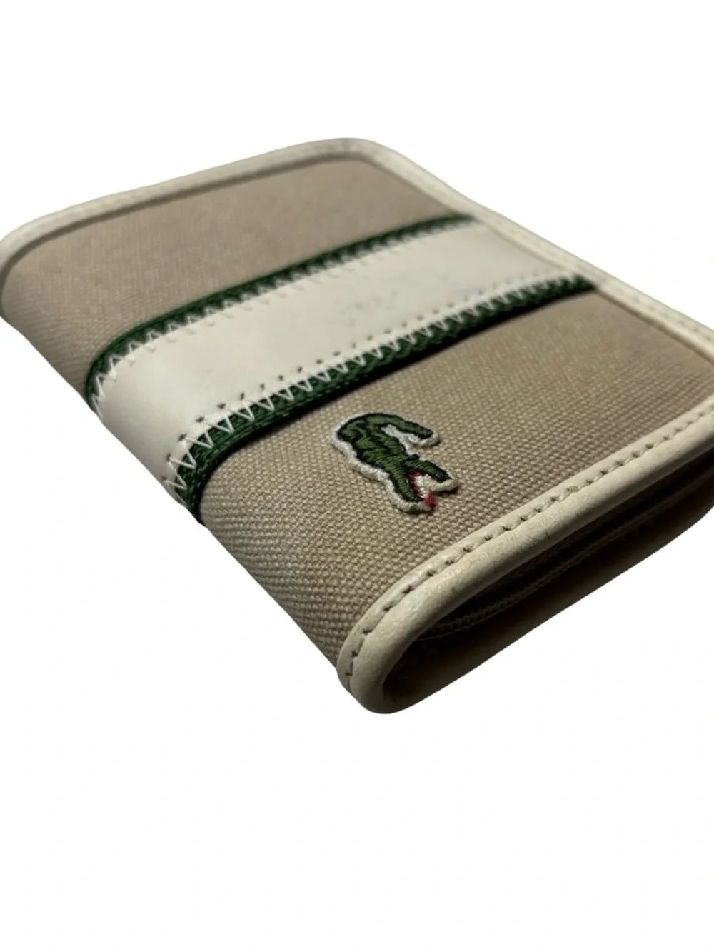 Lacoste Beige Canvas Zip Card Wallet with White Trim & Green Accent